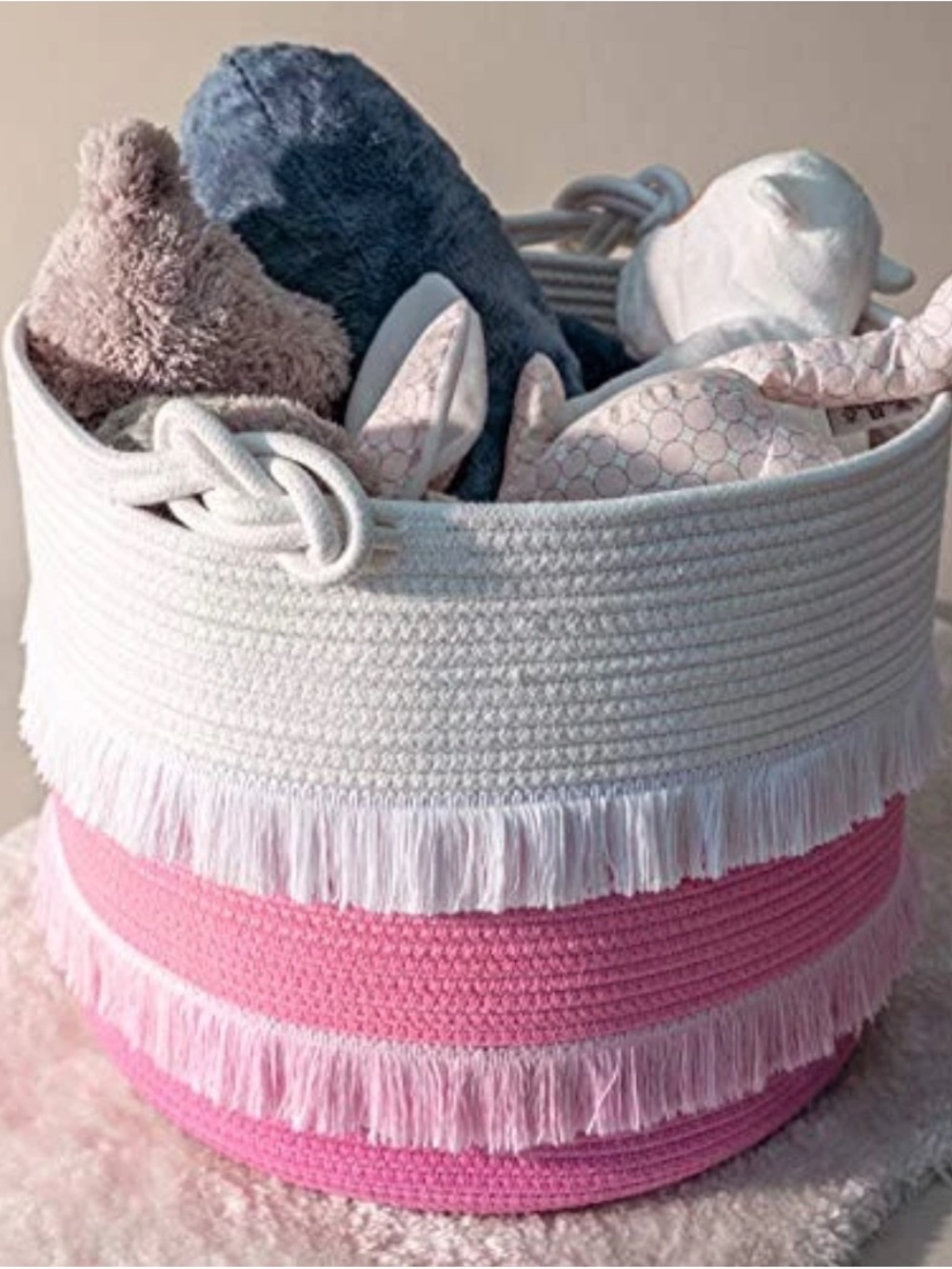 Pink & White Fringed Large Rope Basket - 16"x13" Decorative Woven Basket - Picture 5 of 11